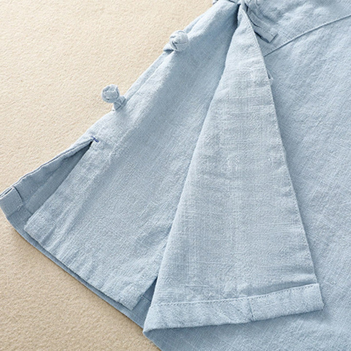Abito da donna in cotone e lino con maniche a tre quarti, colletto obliquo e bottoni a rana colorati, stile casual Buddha Stones, camicia casual in cotone e lino con maniche a tre quarti. - image 23