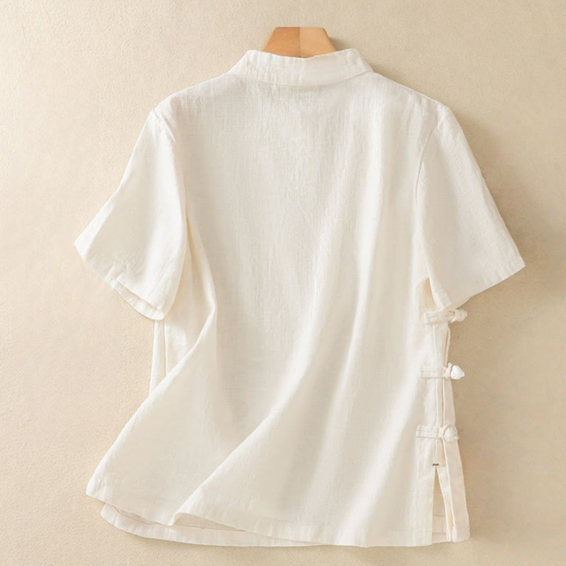 Abito da donna in cotone e lino con maniche a tre quarti, colletto obliquo e bottoni a rana colorati, stile casual Buddha Stones, camicia casual in cotone e lino con maniche a tre quarti. - image 8