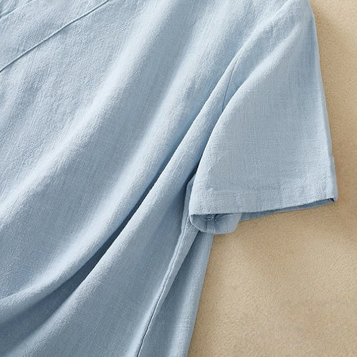 Abito da donna in cotone e lino con maniche a tre quarti, colletto obliquo e bottoni a rana colorati, stile casual Buddha Stones, camicia casual in cotone e lino con maniche a tre quarti. - image 20