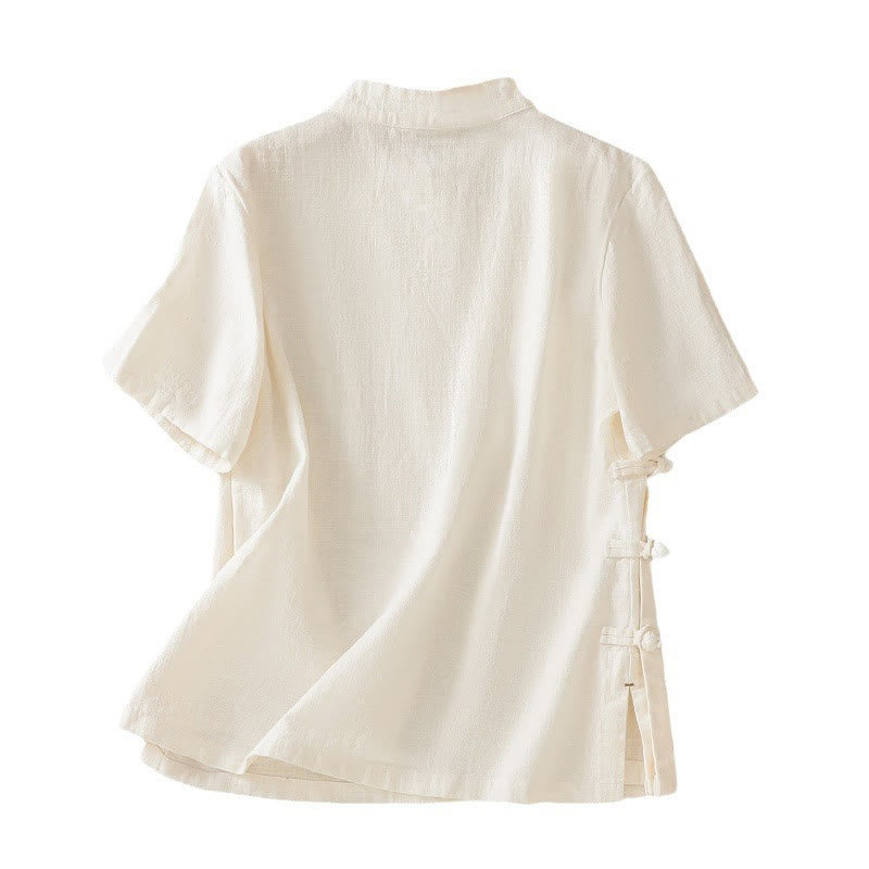 Abito da donna in cotone e lino con maniche a tre quarti, colletto obliquo e bottoni a rana colorati, stile casual Buddha Stones, camicia casual in cotone e lino con maniche a tre quarti. - image 14