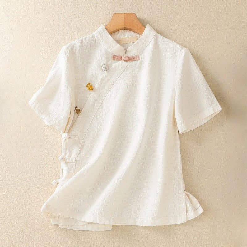 Abito da donna in cotone e lino con maniche a tre quarti, colletto obliquo e bottoni a rana colorati, stile casual Buddha Stones, camicia casual in cotone e lino con maniche a tre quarti. - Beige - US8-10, UK/AU12-14, EU40-42 (2XL) - image 7