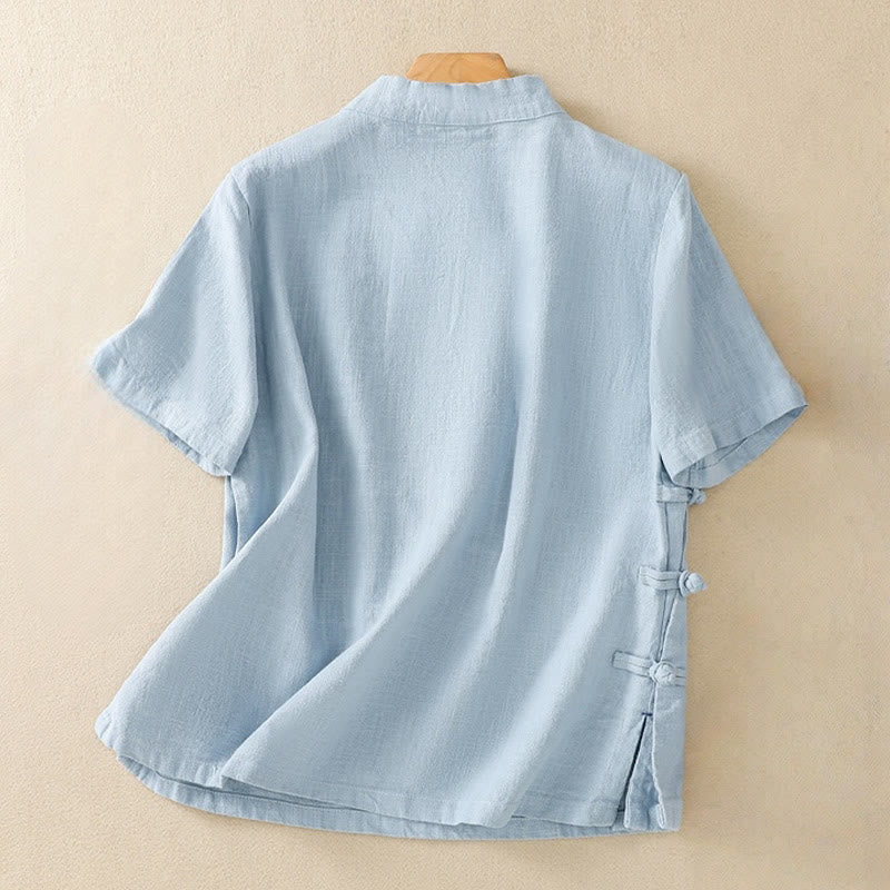 Abito da donna in cotone e lino con maniche a tre quarti, colletto obliquo e bottoni a rana colorati, stile casual Buddha Stones, camicia casual in cotone e lino con maniche a tre quarti. - image 16