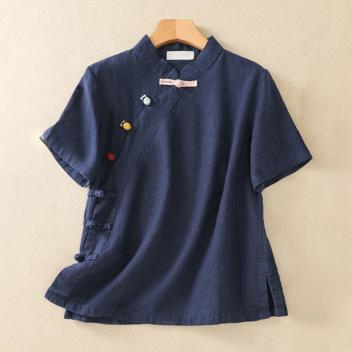 Cardigan da donna in cotone e lino con maniche a tre quarti, casual, tinta unita, con colletto alto inclinato e bottoni colorati, modello Buddha Stones