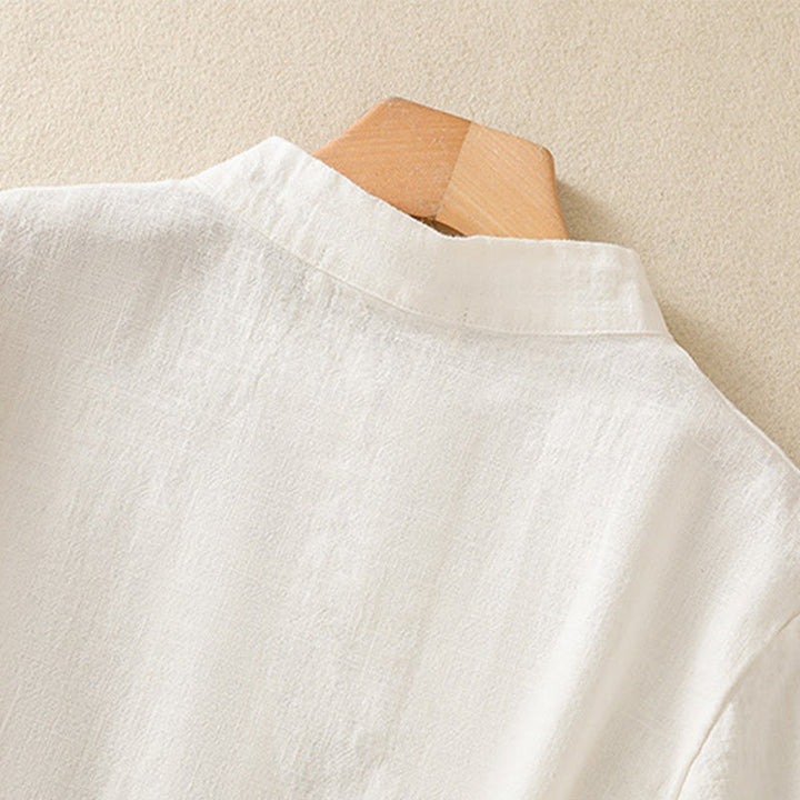 Abito da donna in cotone e lino con maniche a tre quarti, colletto obliquo e bottoni a rana colorati, stile casual Buddha Stones, camicia casual in cotone e lino con maniche a tre quarti. - image 10