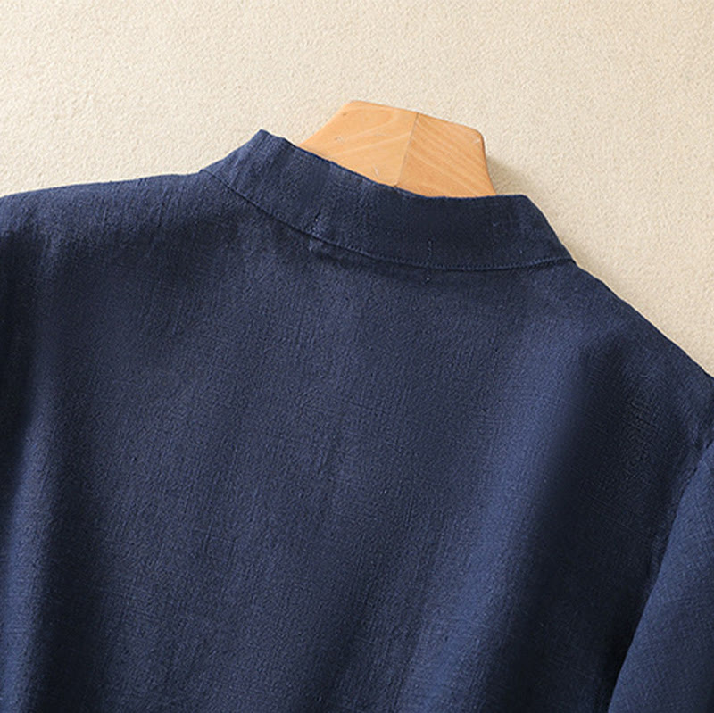 Abito da donna in cotone e lino con maniche a tre quarti, colletto obliquo e bottoni a rana colorati, stile casual Buddha Stones, camicia casual in cotone e lino con maniche a tre quarti. - image 4