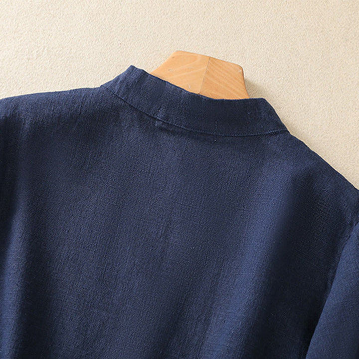 Abito da donna in cotone e lino con maniche a tre quarti, colletto obliquo e bottoni a rana colorati, stile casual Buddha Stones, camicia casual in cotone e lino con maniche a tre quarti. - image 4