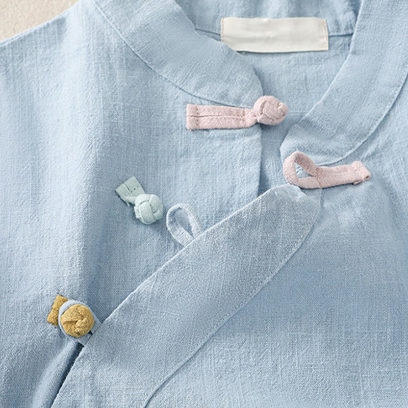 Abito da donna in cotone e lino con maniche a tre quarti, colletto obliquo e bottoni a rana colorati, stile casual Buddha Stones, camicia casual in cotone e lino con maniche a tre quarti. - image 19