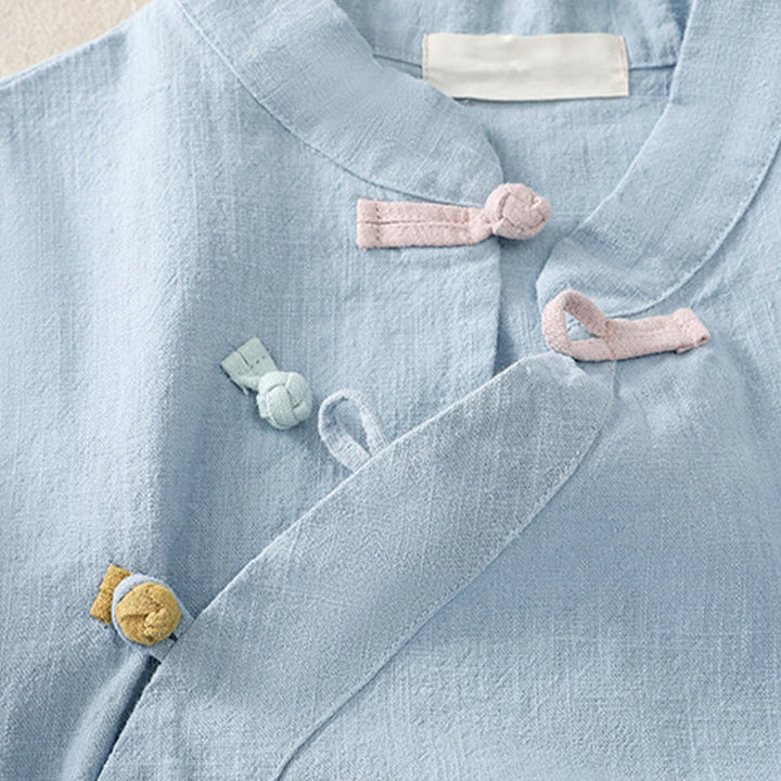Abito da donna in cotone e lino con maniche a tre quarti, colletto obliquo e bottoni a rana colorati, stile casual Buddha Stones, camicia casual in cotone e lino con maniche a tre quarti. - image 19