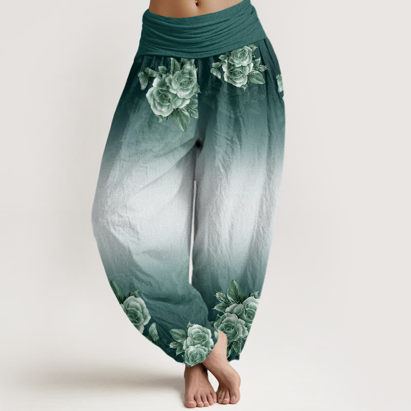 Pantaloni harem da donna con elastico in vita, motivo Buddha Stones e foglie - Verde foresta - US22, UK/AU26, EU54 (6XL) - image 1