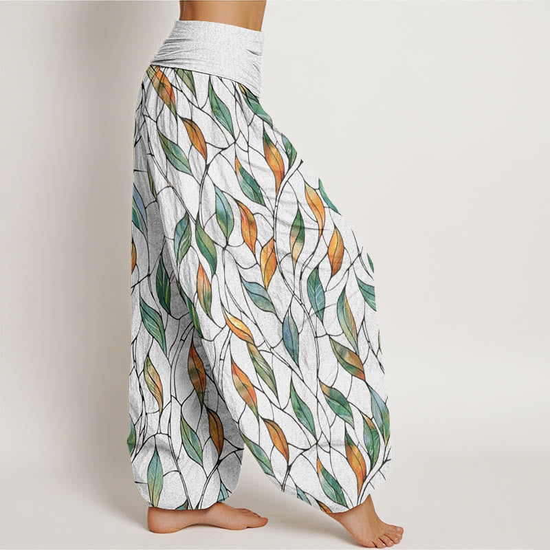 Pantaloni harem da donna con elastico in vita, casual, delicati e colorati, motivo a foglie, motivo Buddha Stones - image 2