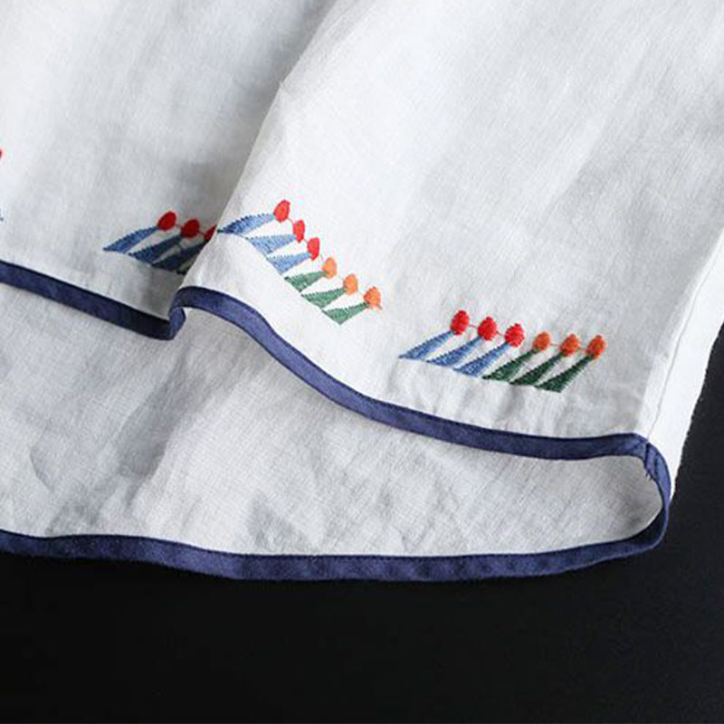 Maglietta da donna in cotone e lino a maniche corte con scollo a giro e ricamo artistico retrò con motivo floreale Buddha Stones - image 7