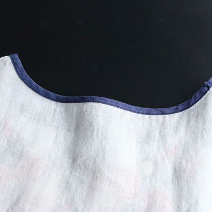 Maglietta da donna in cotone e lino a maniche corte con scollo a giro e ricamo artistico retrò con motivo floreale Buddha Stones - image 4