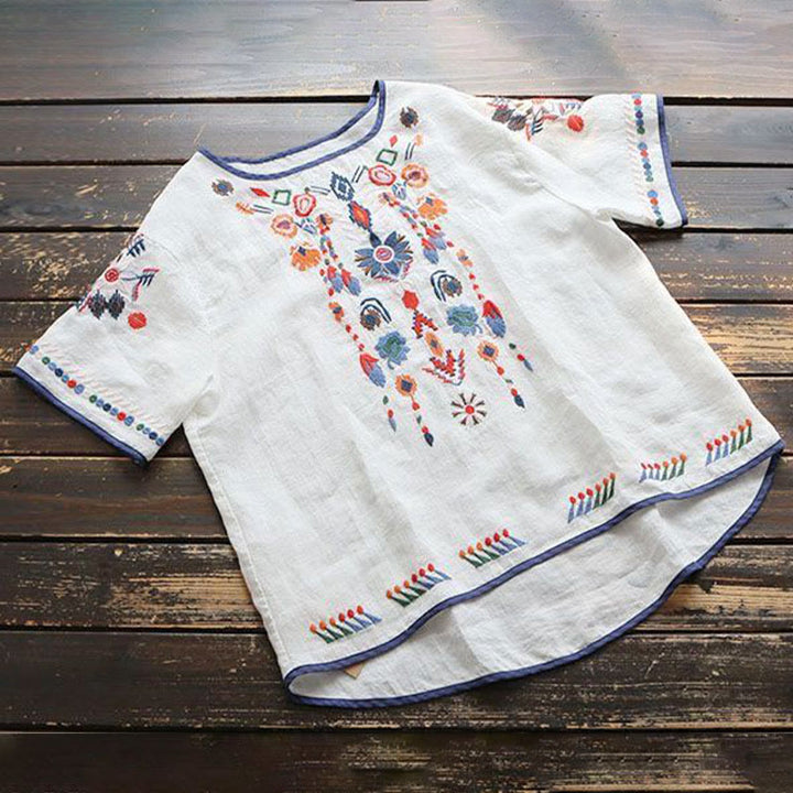 Maglietta da donna in cotone e lino a maniche corte con scollo a giro e ricamo artistico retrò con motivo floreale Buddha Stones - image 2