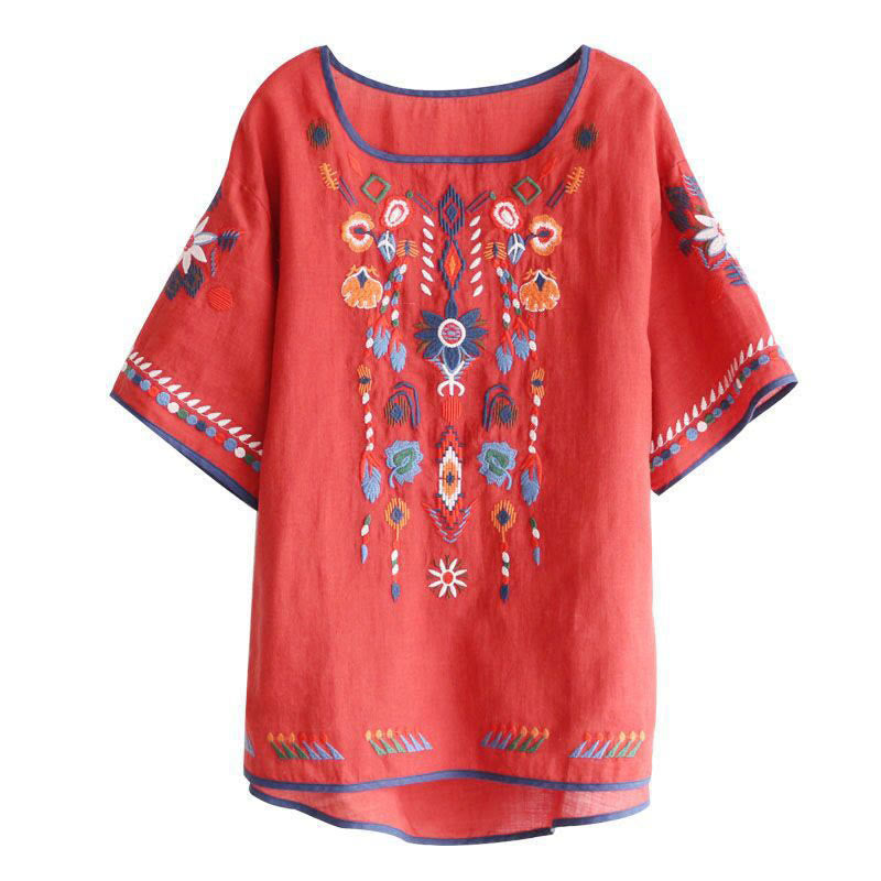 Maglietta da donna in cotone e lino a maniche corte con scollo a giro e ricamo artistico retrò con motivo floreale Buddha Stones - image 12
