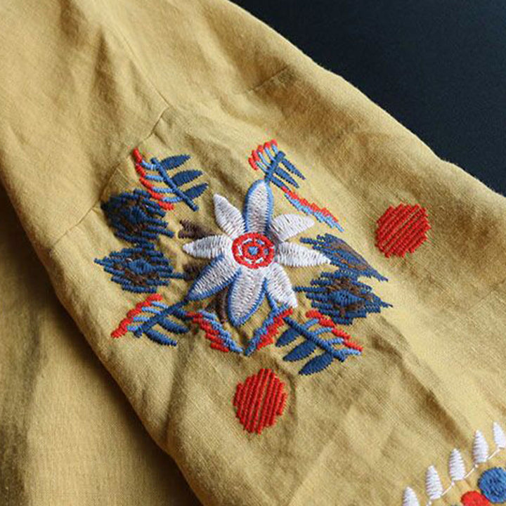 Maglietta da donna in cotone e lino a maniche corte con scollo a giro e ricamo artistico retrò con motivo floreale Buddha Stones - image 16