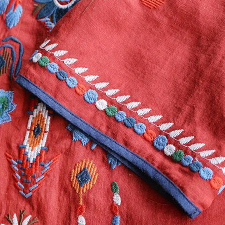 Maglietta da donna in cotone e lino a maniche corte con scollo a giro e ricamo artistico retrò con motivo floreale Buddha Stones - image 11
