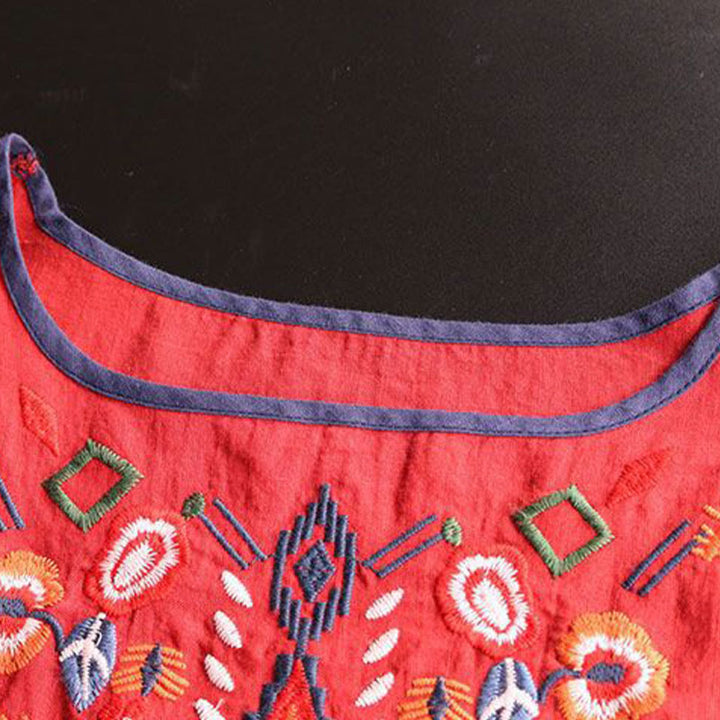 Maglietta da donna in cotone e lino a maniche corte con scollo a giro e ricamo artistico retrò con motivo floreale Buddha Stones - image 9