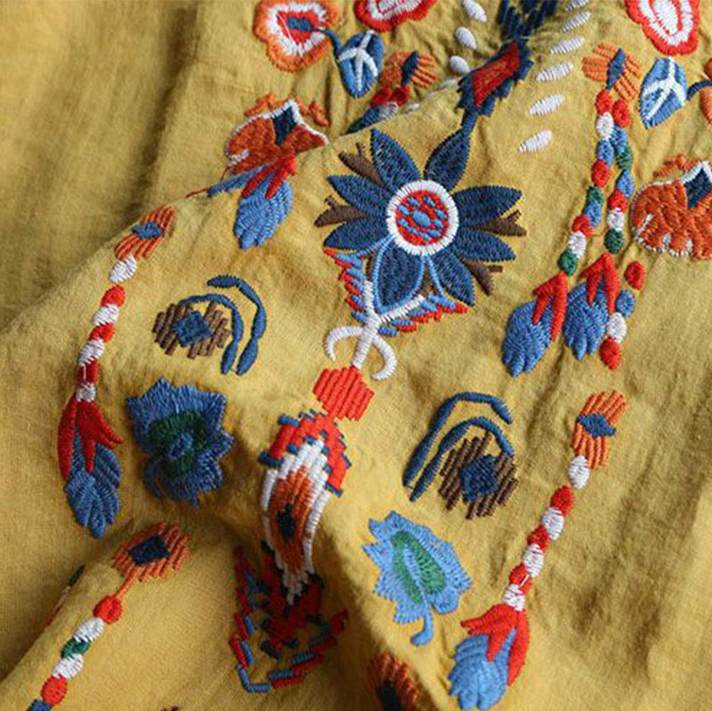 Maglietta da donna in cotone e lino a maniche corte con scollo a giro e ricamo artistico retrò con motivo floreale Buddha Stones - image 15