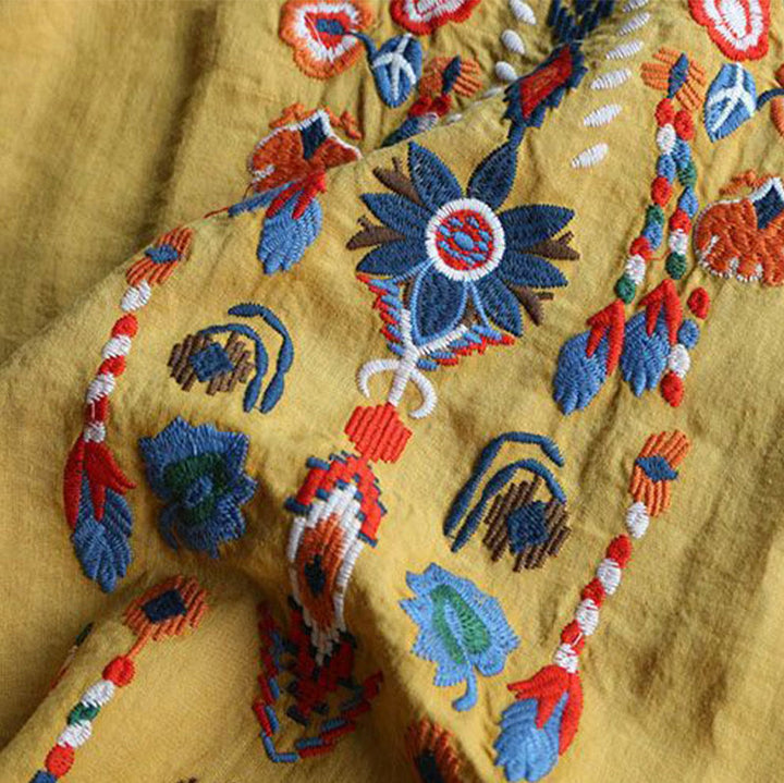 Maglietta da donna in cotone e lino a maniche corte con scollo a giro e ricamo artistico retrò con motivo floreale Buddha Stones - image 15
