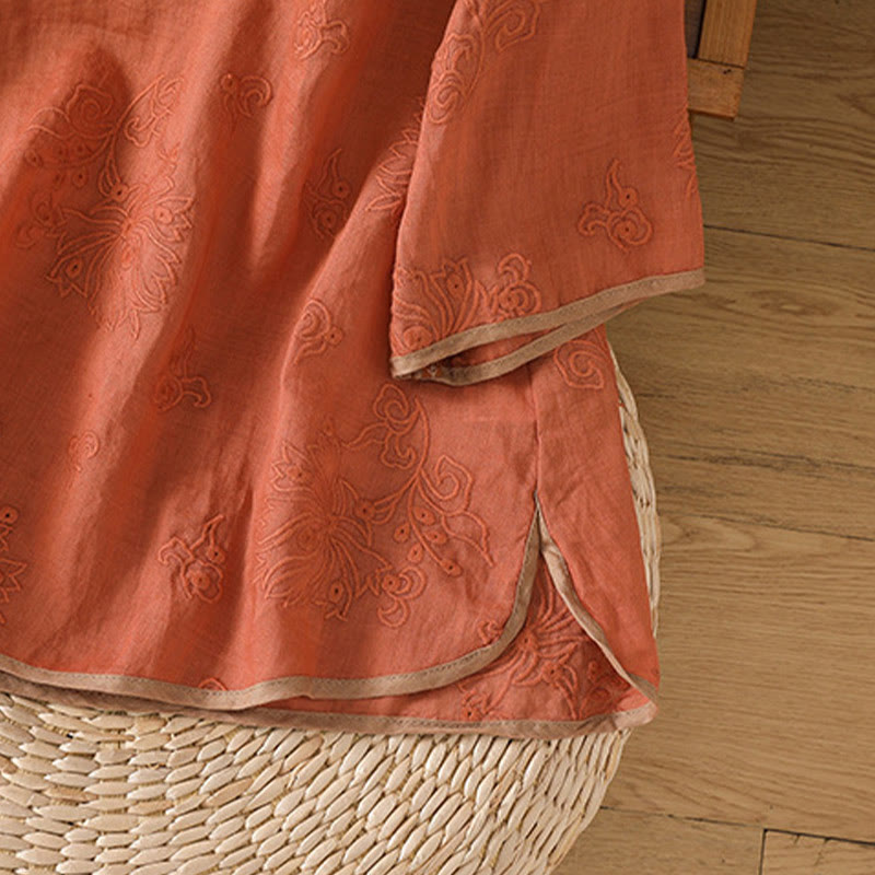 Camicia da donna in cotone e lino con scollo a V, motivo floreale con ricami vintage, motivo Buddha Stones, estate - image 6