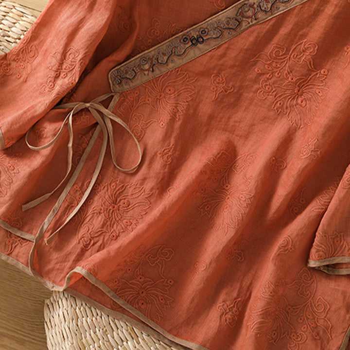 Camicia da donna in cotone e lino con scollo a V, motivo floreale con ricami vintage, motivo Buddha Stones, estate - image 4