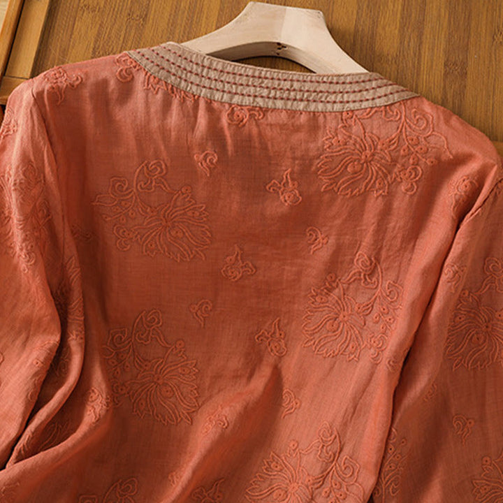 Camicia da donna in cotone e lino con scollo a V, motivo floreale con ricami vintage, motivo Buddha Stones, estate - image 3