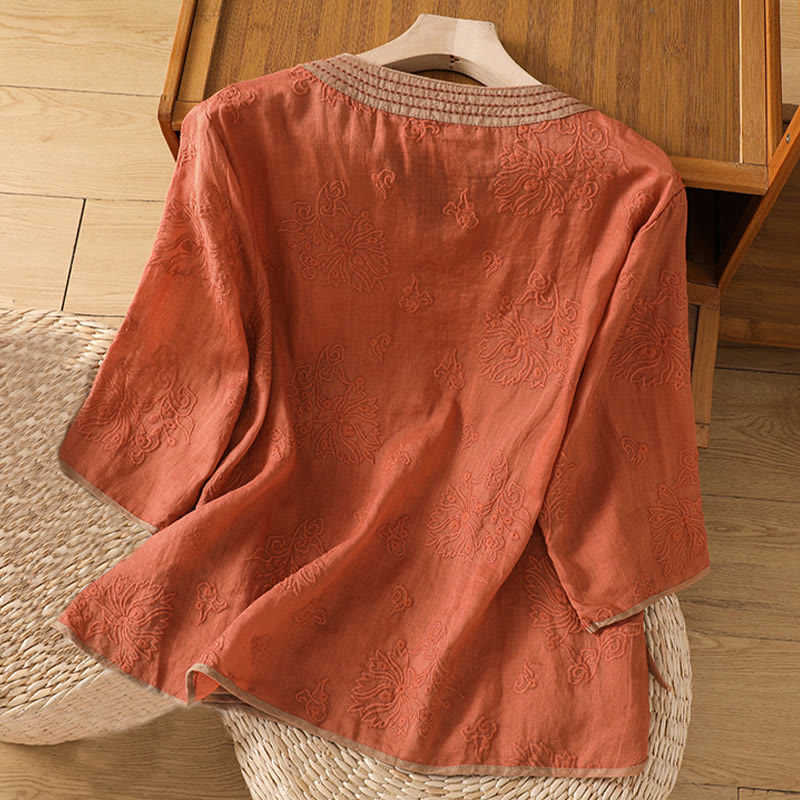 Camicia da donna in cotone e lino con scollo a V, motivo floreale con ricami vintage, motivo Buddha Stones, estate - image 1