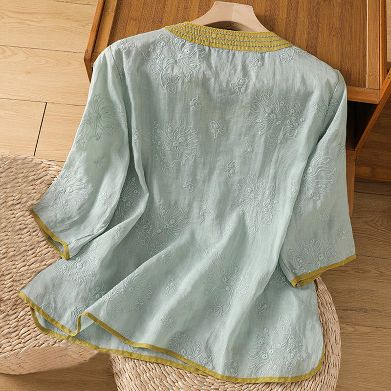 Camicia da donna in cotone e lino con scollo a V, motivo floreale con ricami vintage, motivo Buddha Stones, estate - image 18