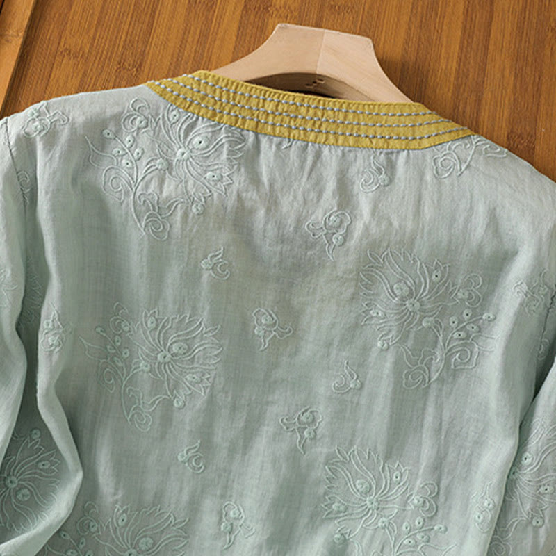 Camicia da donna in cotone e lino con scollo a V, motivo floreale con ricami vintage, motivo Buddha Stones, estate - image 20