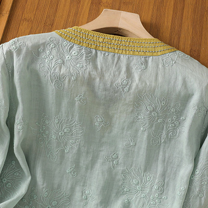 Camicia da donna in cotone e lino con scollo a V, motivo floreale con ricami vintage, motivo Buddha Stones, estate - image 20