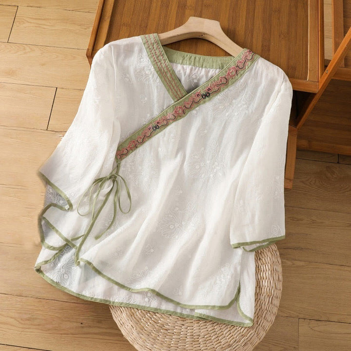 Camicia da donna in cotone e lino con scollo a V, motivo floreale con ricami vintage, motivo Buddha Stones, estate - Bianco - US8-10, UK/AU12-14, EU40-42 (2XL) - image 7