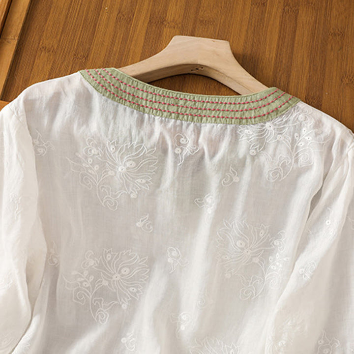 Camicia da donna in cotone e lino con scollo a V, motivo floreale con ricami vintage, motivo Buddha Stones, estate - image 10
