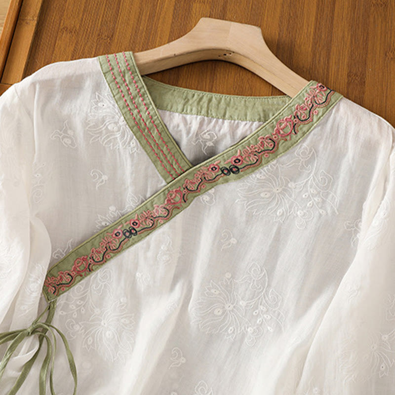 Camicia da donna in cotone e lino con scollo a V, motivo floreale con ricami vintage, motivo Buddha Stones, estate - image 9