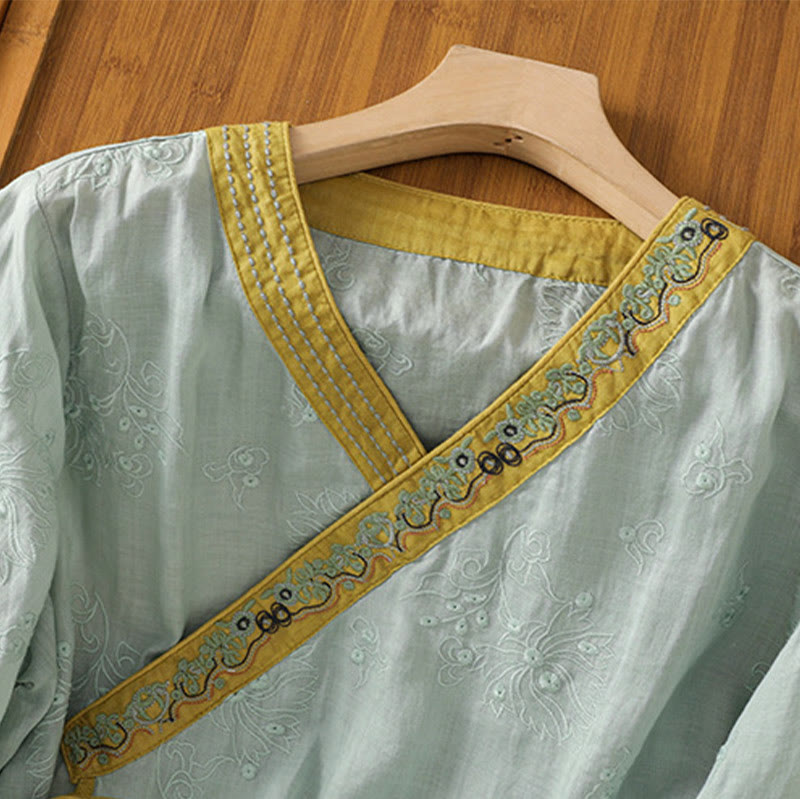 Camicia da donna in cotone e lino con scollo a V, motivo floreale con ricami vintage, motivo Buddha Stones, estate - image 19