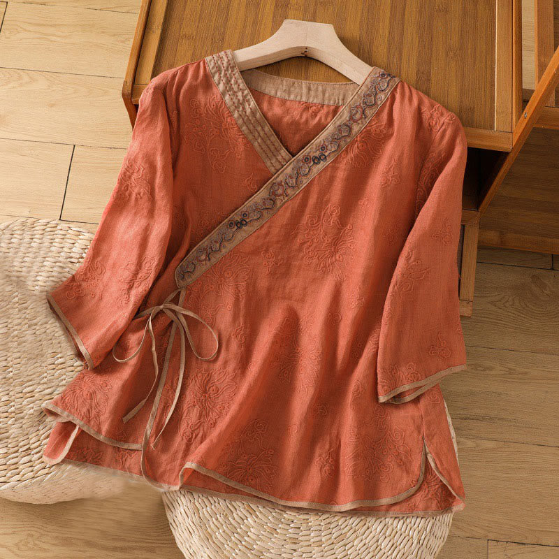 Camicia da donna in cotone e lino con scollo a V, motivo floreale con ricami vintage, motivo Buddha Stones, estate - RossoArancione - US8-10, UK/AU12-14, EU40-42 (2XL) - image 0
