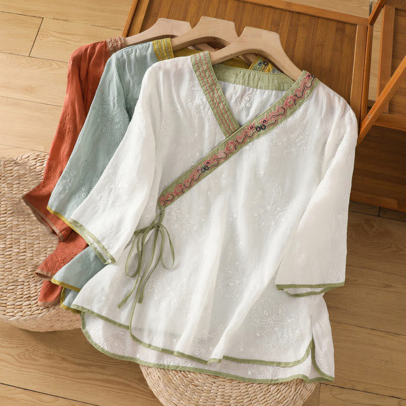 Camicia da donna in cotone e lino con scollo a V, motivo floreale con ricami vintage, motivo Buddha Stones, estate - image 24