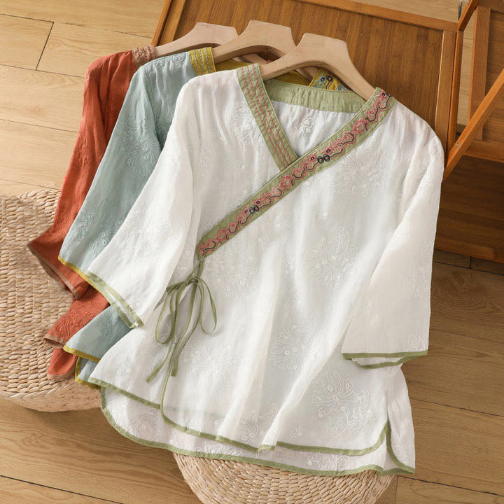 Camicia da donna in cotone e lino con scollo a V, motivo floreale con ricami vintage, motivo Buddha Stones, estate - image 24