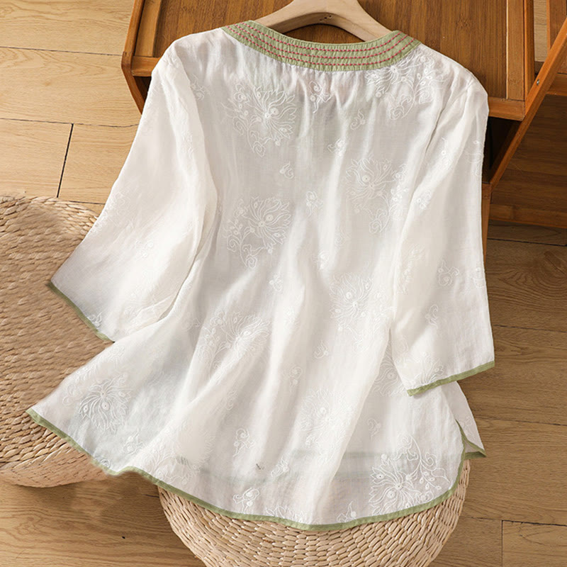 Camicia da donna in cotone e lino con scollo a V, motivo floreale con ricami vintage, motivo Buddha Stones, estate - image 8