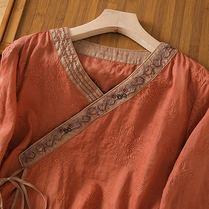 Camicia da donna in cotone e lino con scollo a V, motivo floreale con ricami vintage, motivo Buddha Stones, estate - image 2