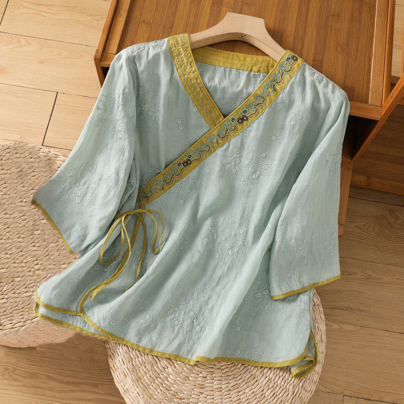Camicia da donna in cotone e lino con scollo a V, motivo floreale con ricami vintage, motivo Buddha Stones, estate - Turchese medio - US8-10, UK/AU12-14, EU40-42 (2XL) - image 17