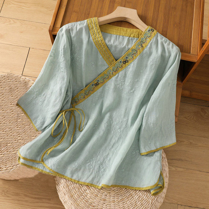 Camicia da donna in cotone e lino con scollo a V, motivo floreale con ricami vintage, motivo Buddha Stones, estate - Turchese medio - US8-10, UK/AU12-14, EU40-42 (2XL) - image 17