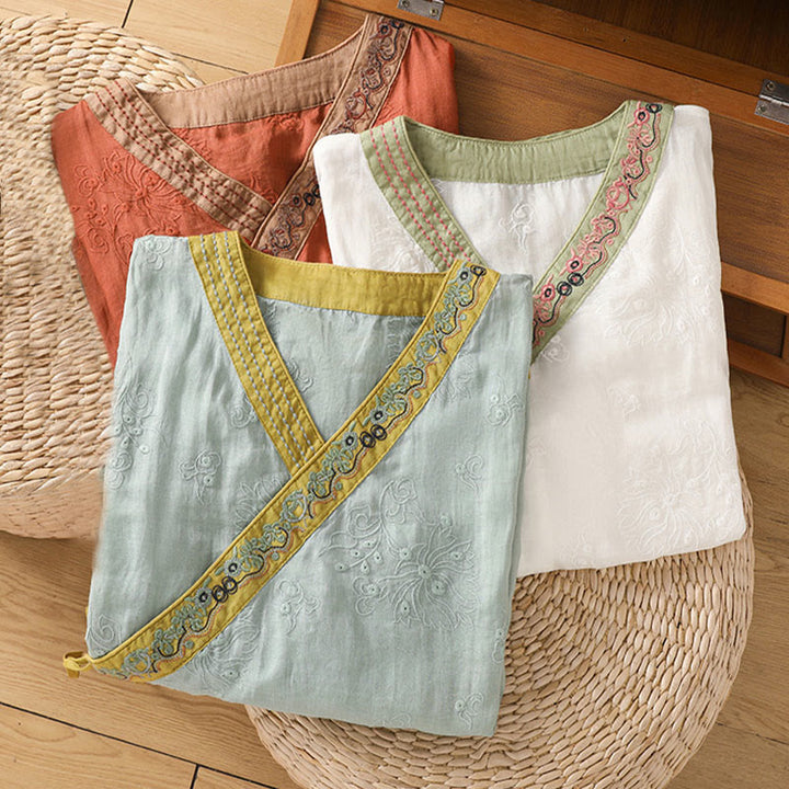 Camicia da donna in cotone e lino con scollo a V, motivo floreale con ricami vintage, motivo Buddha Stones, estate - image 25