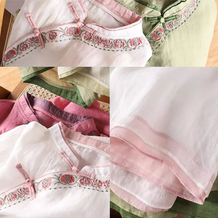 Camicia da donna in cotone e lino con maniche a tre quarti, motivo floreale, motivo zen vintage con ricamo Buddha Stones e rana cinese. - image 6