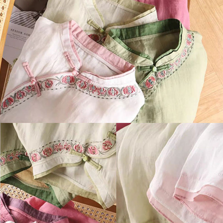 Camicia da donna in cotone e lino con maniche a tre quarti, motivo floreale, motivo zen vintage con ricamo Buddha Stones e rana cinese. - image 7
