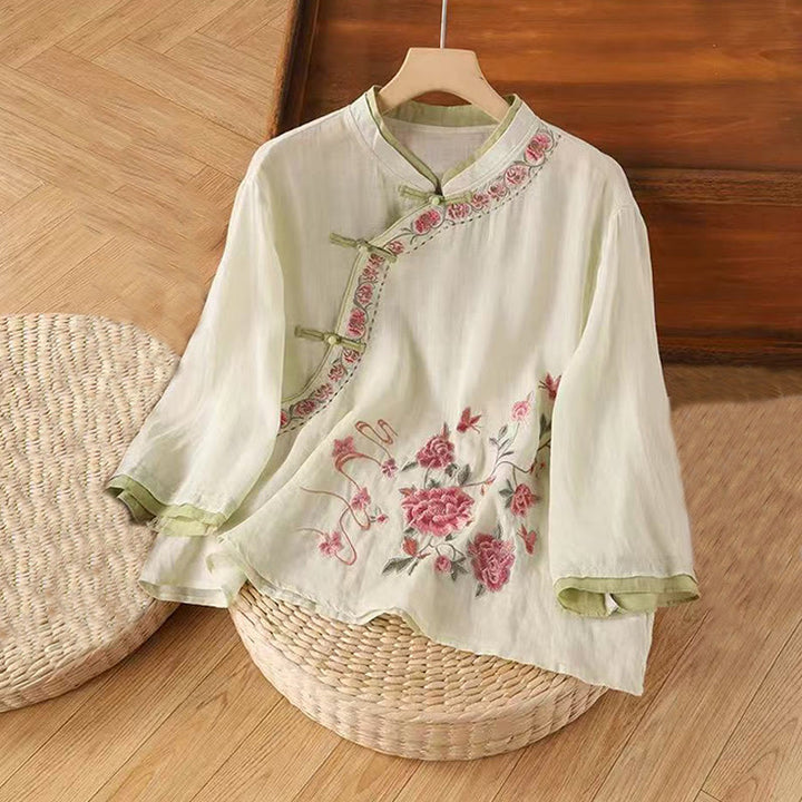 Camicia da donna in cotone e lino con maniche a tre quarti, motivo floreale, motivo zen vintage con ricamo Buddha Stones e rana cinese. - Giallo chiaro - US12, UK/AU16, EU44 (4XL) - image 3