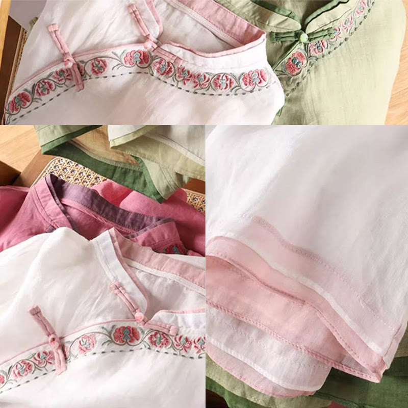 Camicia da donna a maniche a tre quarti con ricamo vintage Zen Buddha Stones , motivo floreale e rana cinese, bottoni decorativi. - image 6