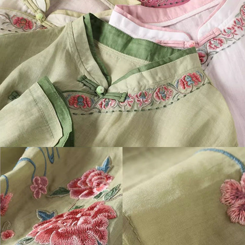 Camicia da donna in cotone e lino con maniche a tre quarti, motivo floreale, motivo zen vintage con ricamo Buddha Stones e rana cinese. - image 5