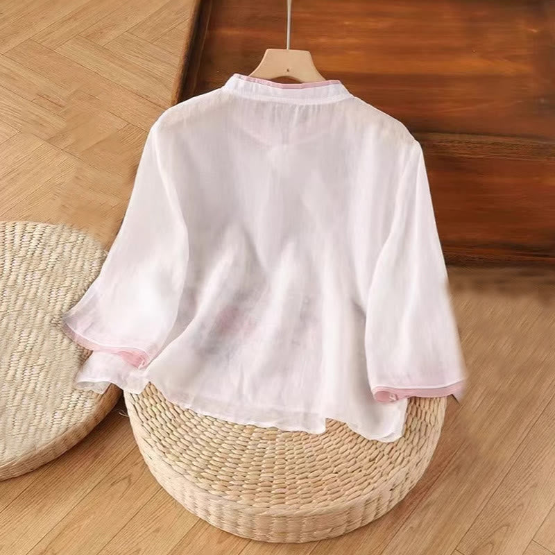 Camicia da donna in cotone e lino con maniche a tre quarti, motivo floreale, motivo zen vintage con ricamo Buddha Stones e rana cinese. - image 2