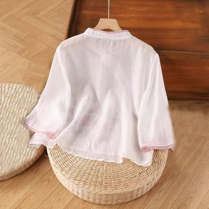 Camicia da donna in cotone e lino con maniche a tre quarti, motivo floreale, motivo zen vintage con ricamo Buddha Stones e rana cinese. - image 2
