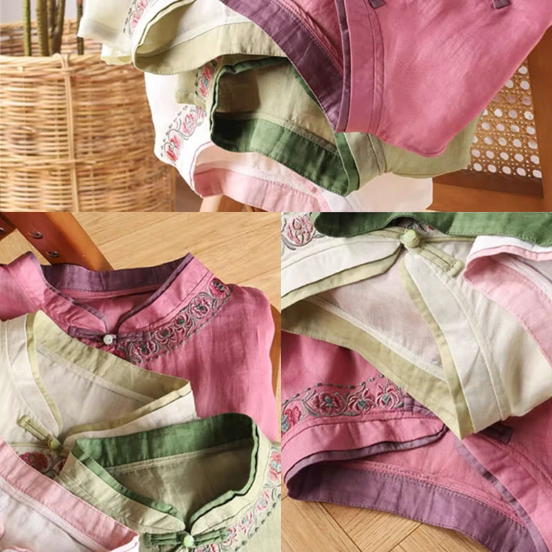 Camicia da donna in cotone e lino con maniche a tre quarti, motivo floreale, motivo zen vintage con ricamo Buddha Stones e rana cinese. - image 8